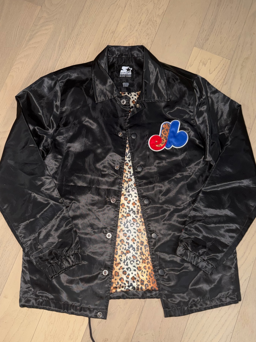 STARTER Black Satin Varsity Jacket with Leopard Lining and Patch